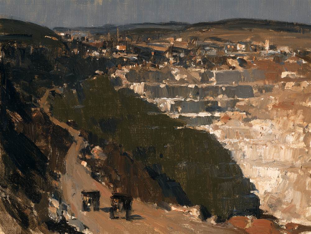 Expressive oil painting of a terraced mine with two haul trucks on a winding road