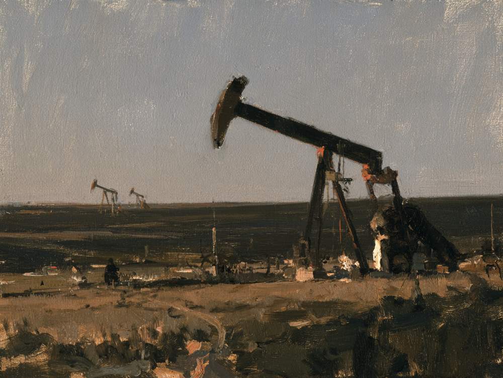 Oil painting of pumpjacks across an open landscape beneath a pale sky