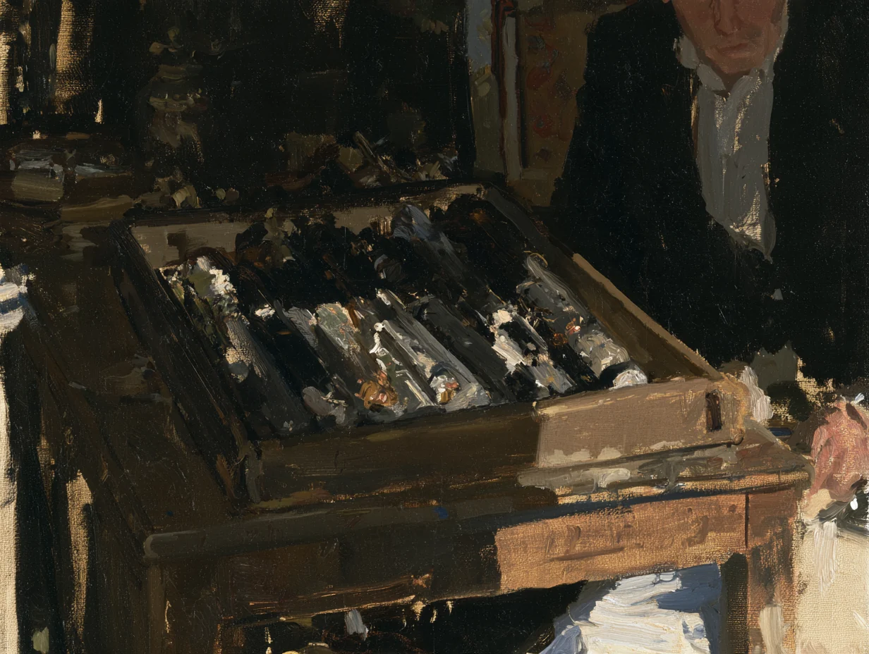 Oil painting of an open core tray with a geologist studying the samples