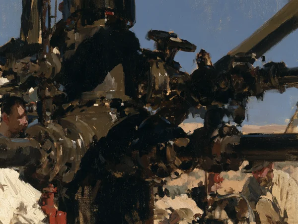 Painterly close view of oilfield valves and pipes against a blue sky